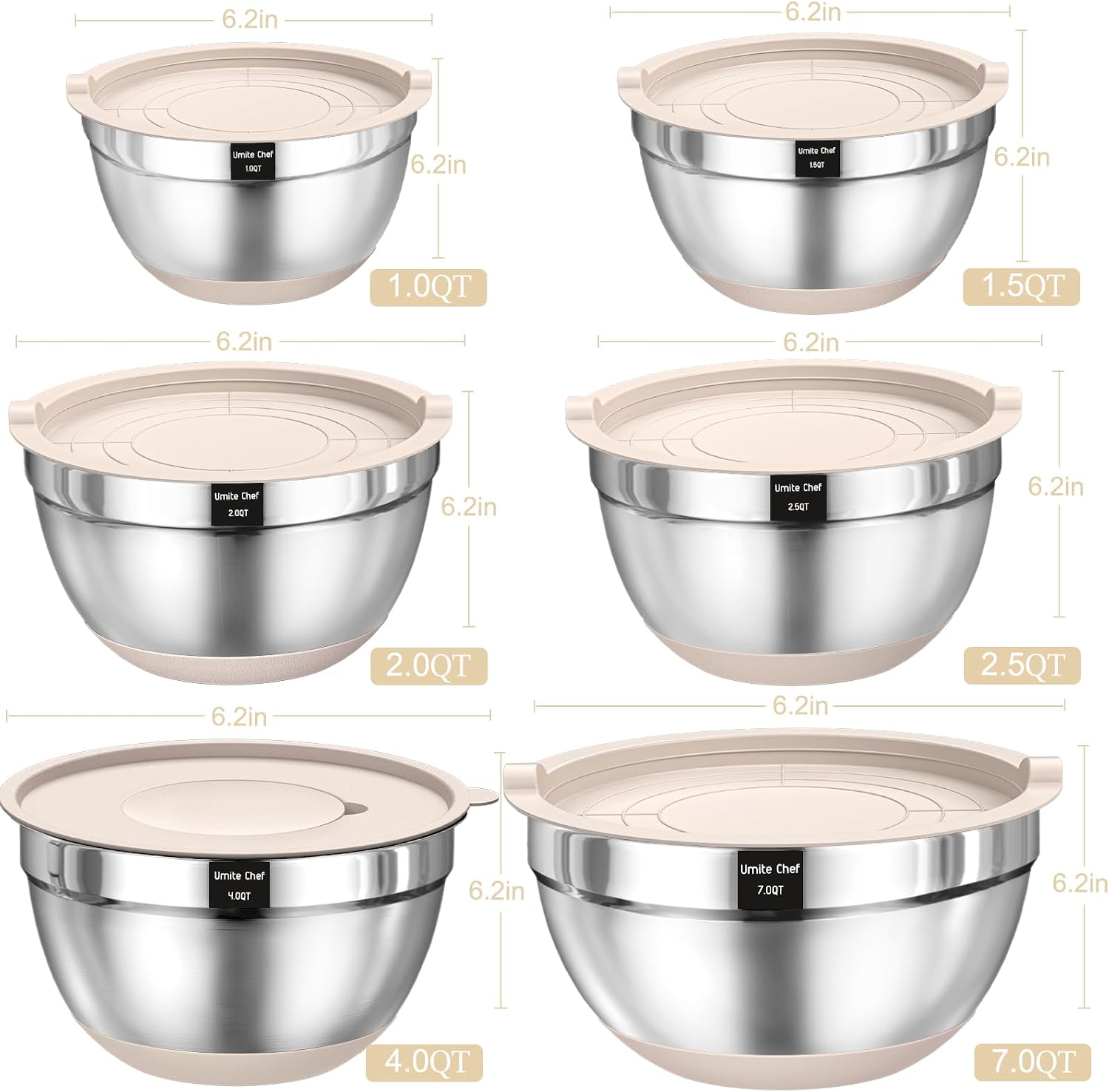 26-piece stainless steel mixing bowl set with khaki airtight lids and grater attachments, non-slip bottoms โ view 2