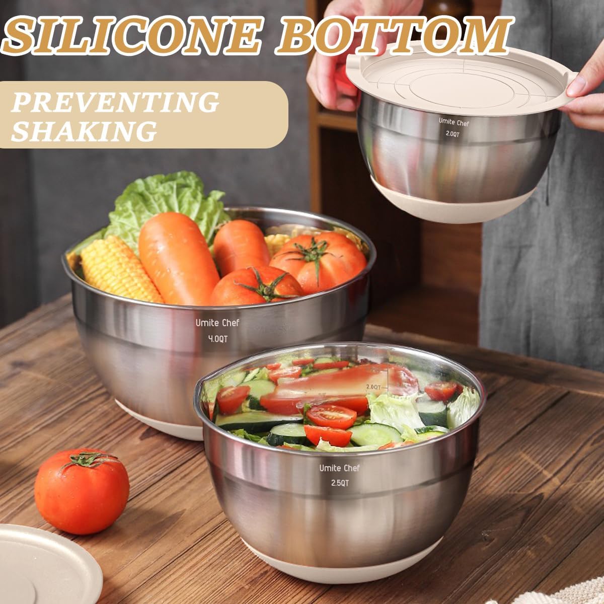 26-piece stainless steel mixing bowl set with khaki airtight lids and grater attachments, non-slip bottoms โ view 4