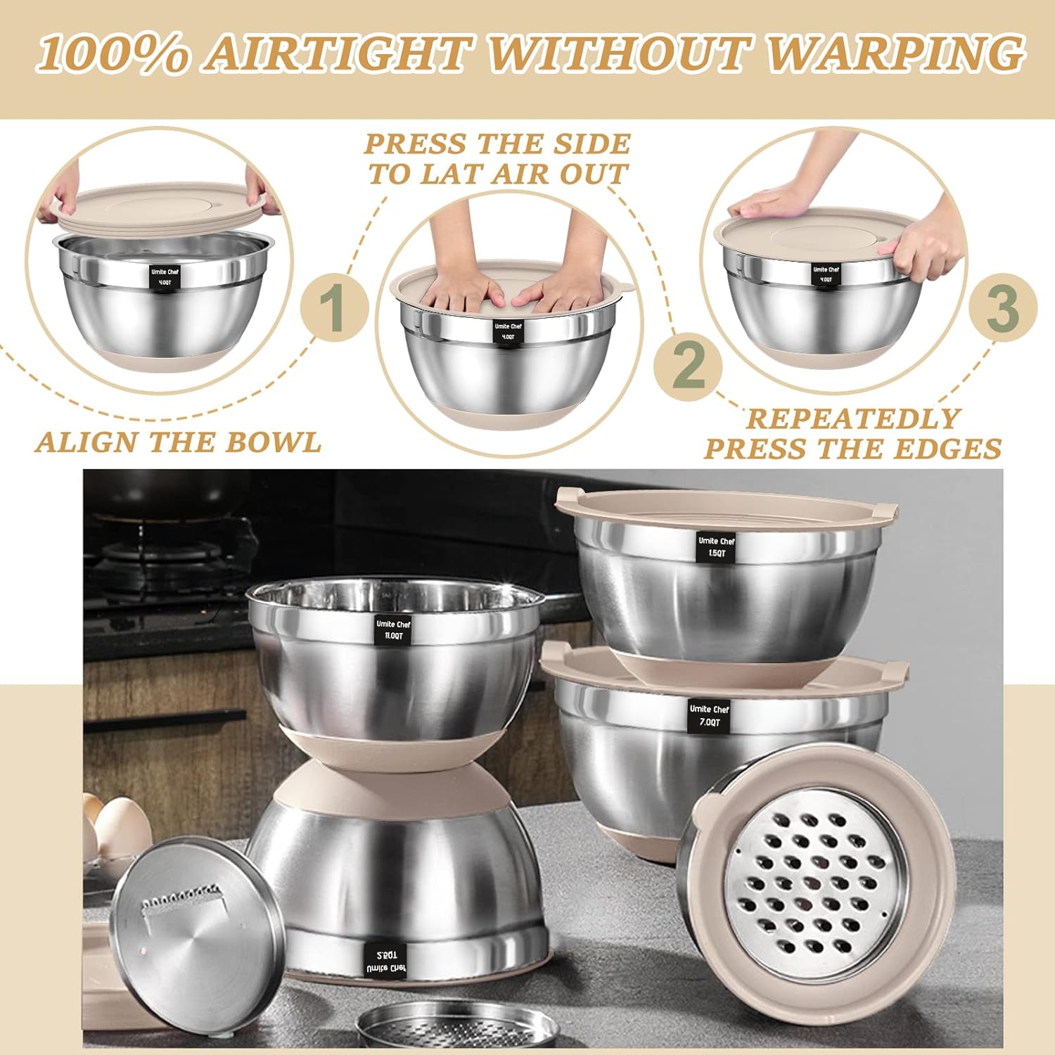 26-piece stainless steel mixing bowl set with khaki airtight lids and grater attachments, non-slip bottoms โ view 4