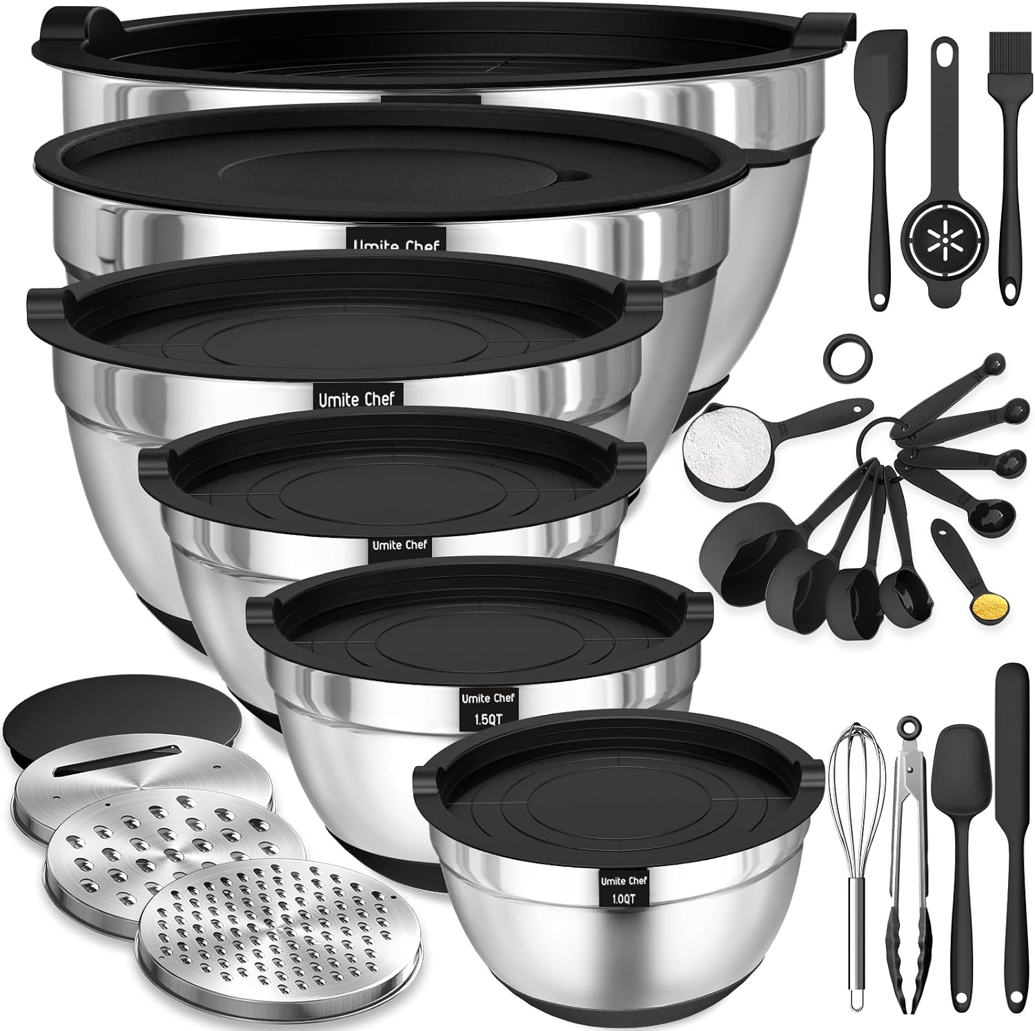 26-piece stainless steel mixing bowl set with khaki airtight lids and grater attachments, non-slip bottoms โ view 5