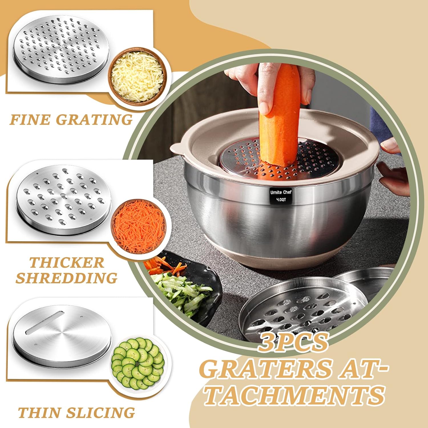 26-piece stainless steel mixing bowl set with khaki airtight lids and grater attachments, non-slip bottoms โ view 1