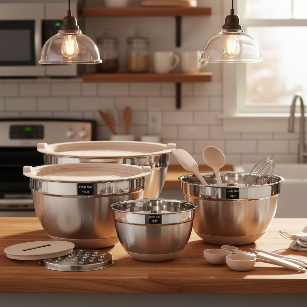 26-piece stainless steel mixing bowl set with khaki airtight lids and grater attachments, non-slip bottoms โ view 5b
