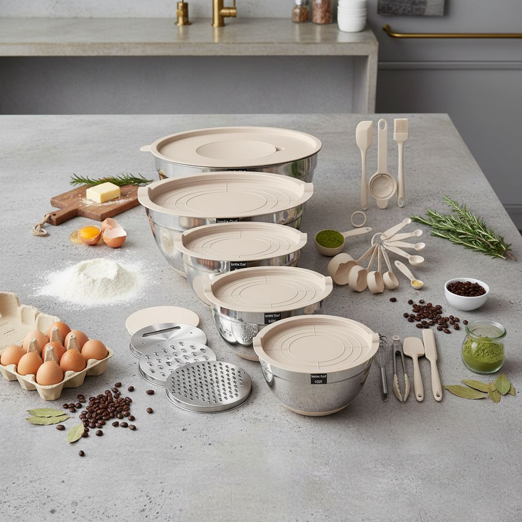 26-piece stainless steel mixing bowl set with khaki airtight lids and grater attachments, non-slip bottoms โ view 2