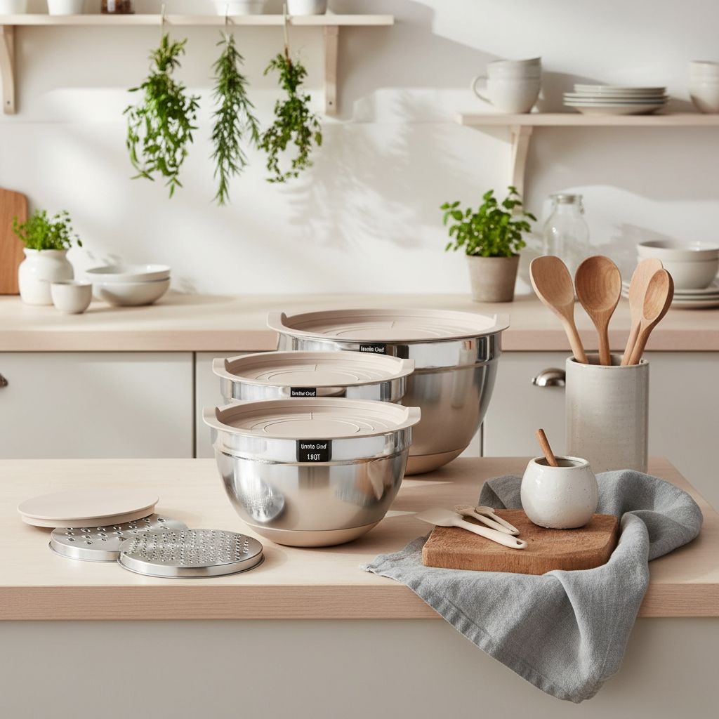 26-piece stainless steel mixing bowl set with khaki airtight lids and grater attachments, non-slip bottoms โ view 5a