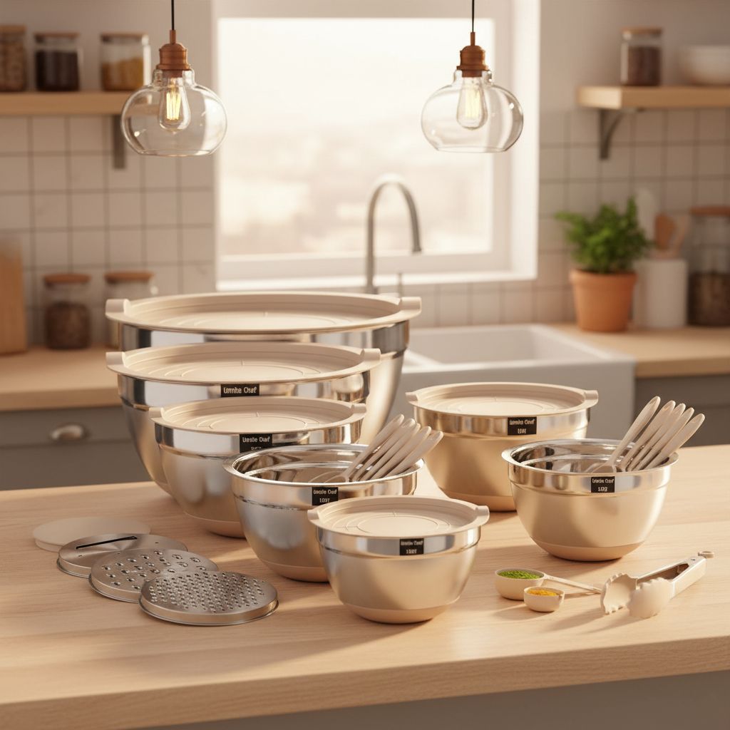 26-piece stainless steel mixing bowl set with khaki airtight lids and grater attachments, non-slip bottoms โ view 6