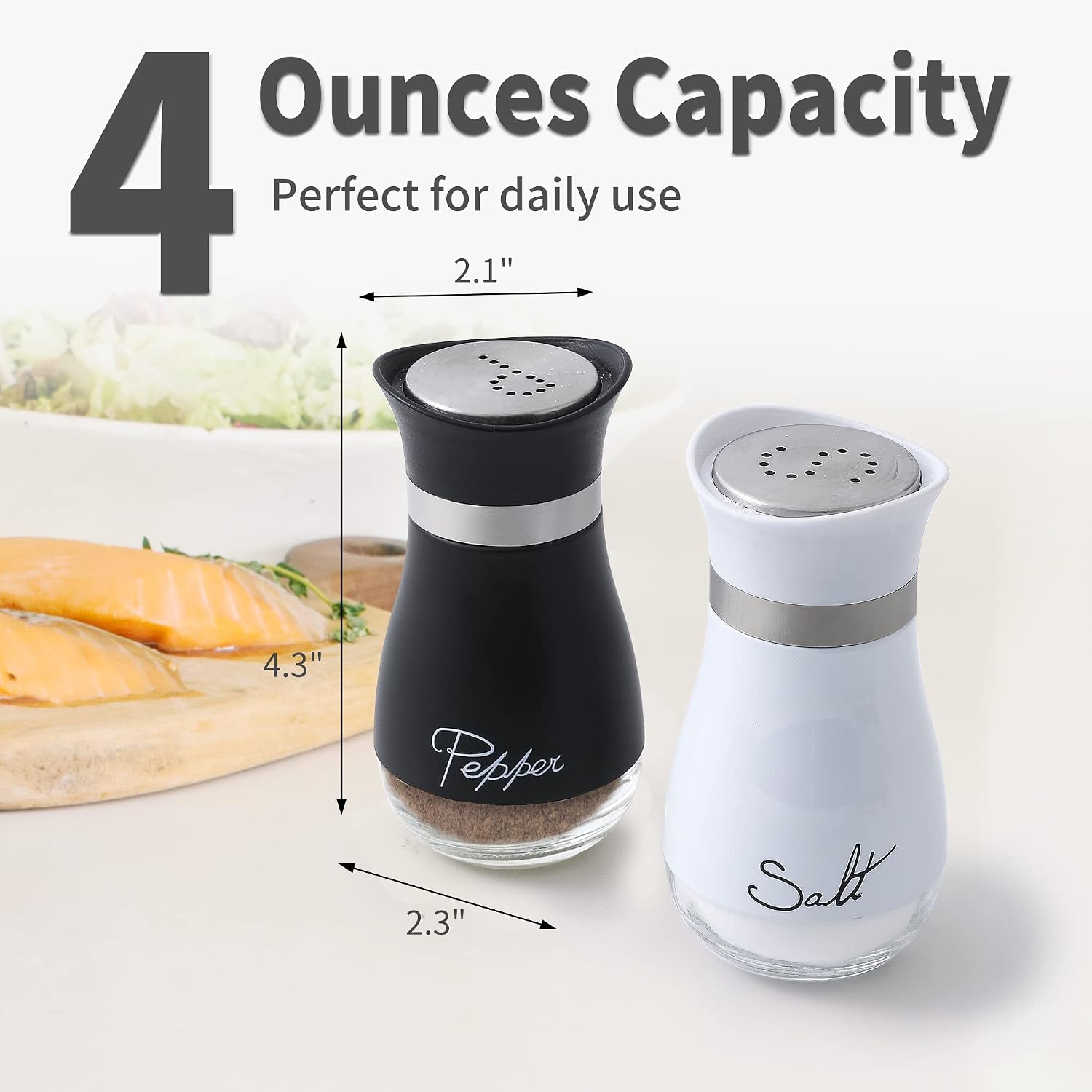 Ceramic salt and pepper shaker set in white, handheld design for kitchen table use โ view 2