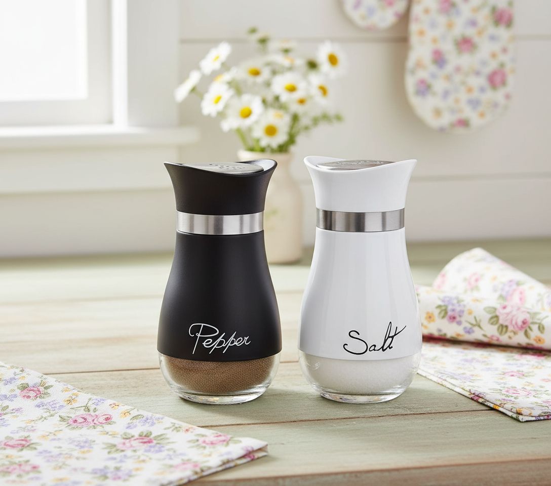 Ceramic salt and pepper shaker set in white, handheld design for kitchen table use โ view 5b