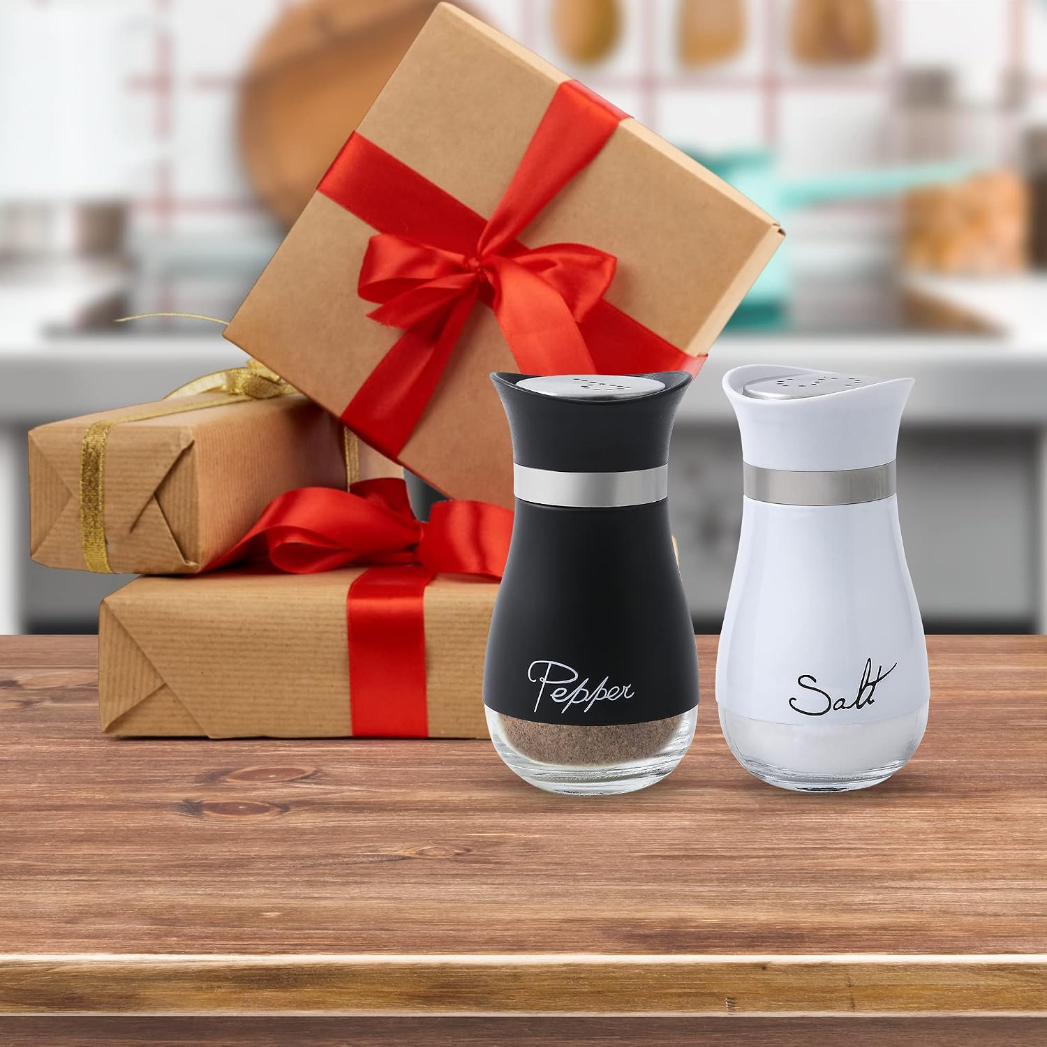 Ceramic salt and pepper shaker set in white, handheld design for kitchen table use โ view 5a