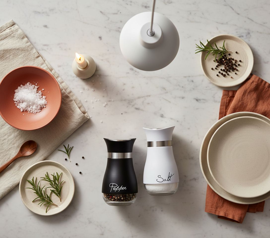 Ceramic salt and pepper shaker set in white, handheld design for kitchen table use โ view 7a