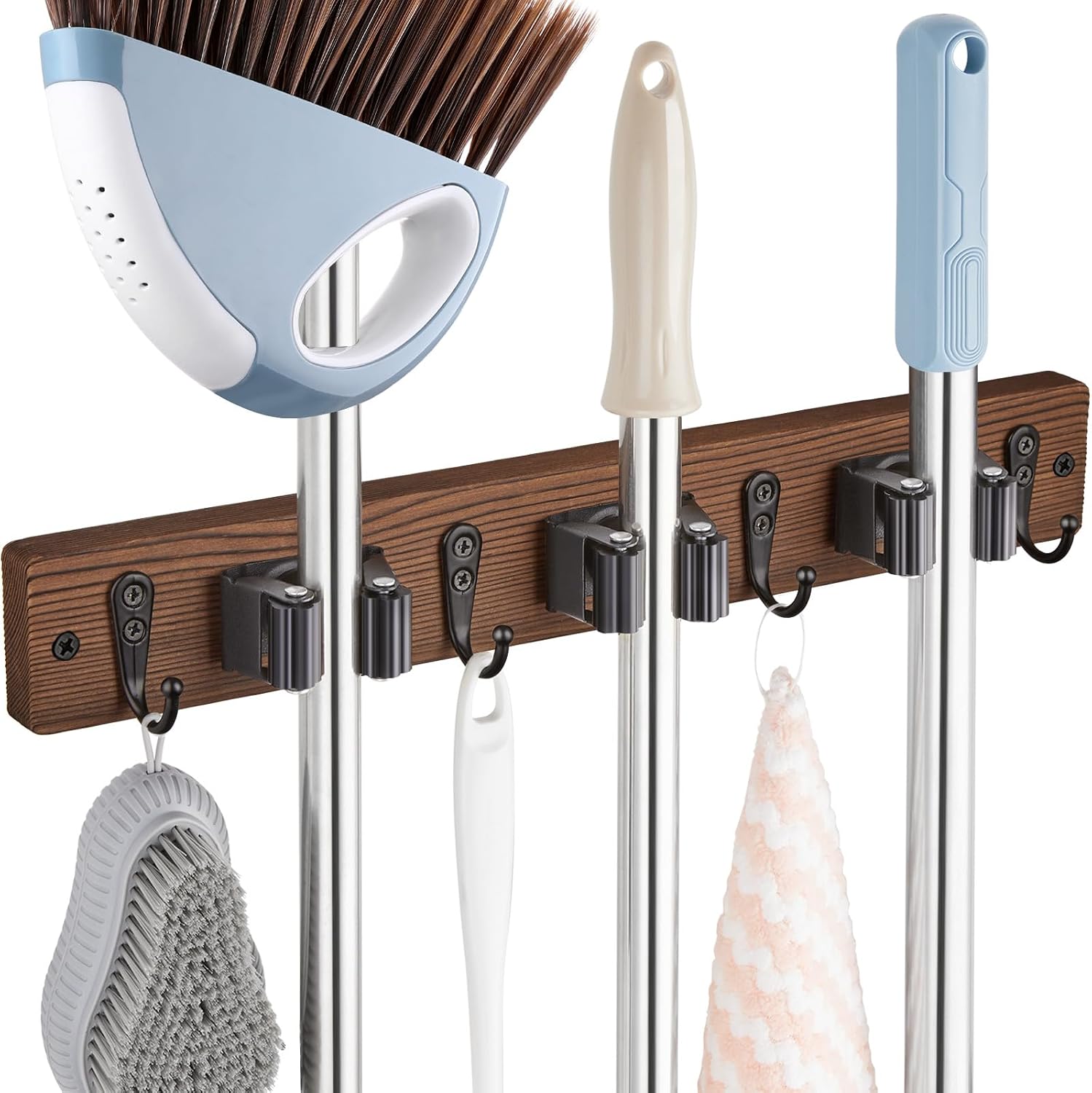 Rustic wood wall-mounted broom and mop holder with multiple slots and hooks for kitchen and pantry storage — front