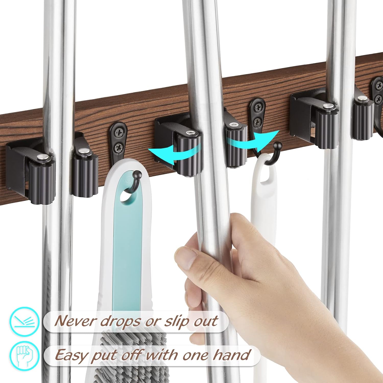 Rustic wood wall-mounted broom and mop holder with multiple slots and hooks for kitchen and pantry storage — back