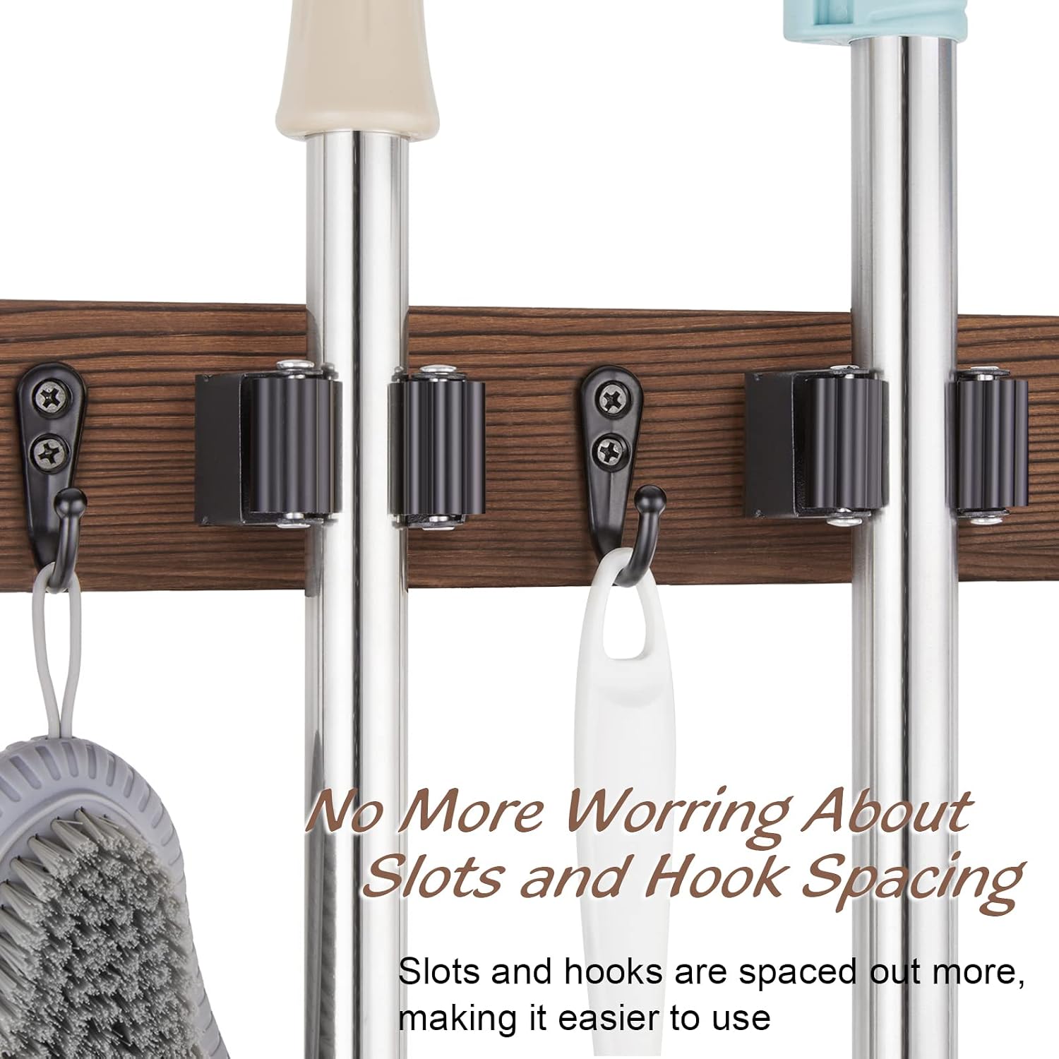 Rustic wood wall-mounted broom and mop holder with multiple slots and hooks for kitchen and pantry storage โ view 2