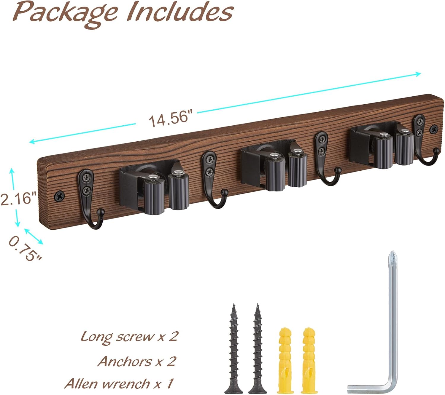 Rustic wood wall-mounted broom and mop holder with multiple slots and hooks for kitchen and pantry storage โ view 3