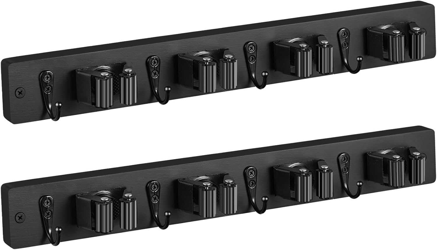 Rustic wood wall-mounted broom and mop holder with multiple slots and hooks for kitchen and pantry storage โ view 5