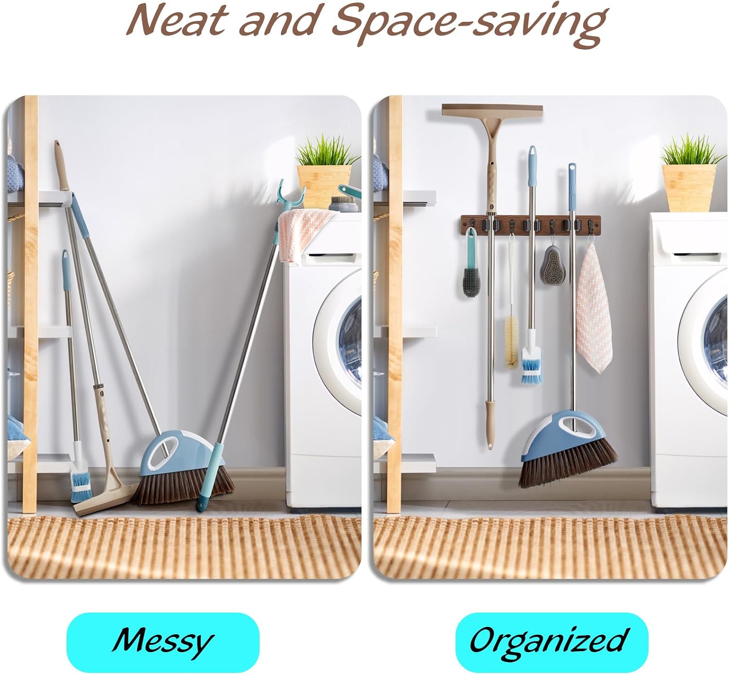 Rustic wood wall-mounted broom and mop holder with multiple slots and hooks for kitchen and pantry storage — view 3b