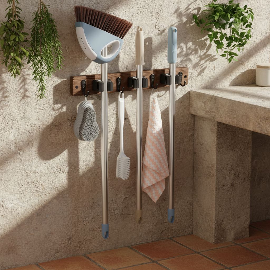 Rustic wood wall-mounted broom and mop holder with multiple slots and hooks for kitchen and pantry storage — view 5b