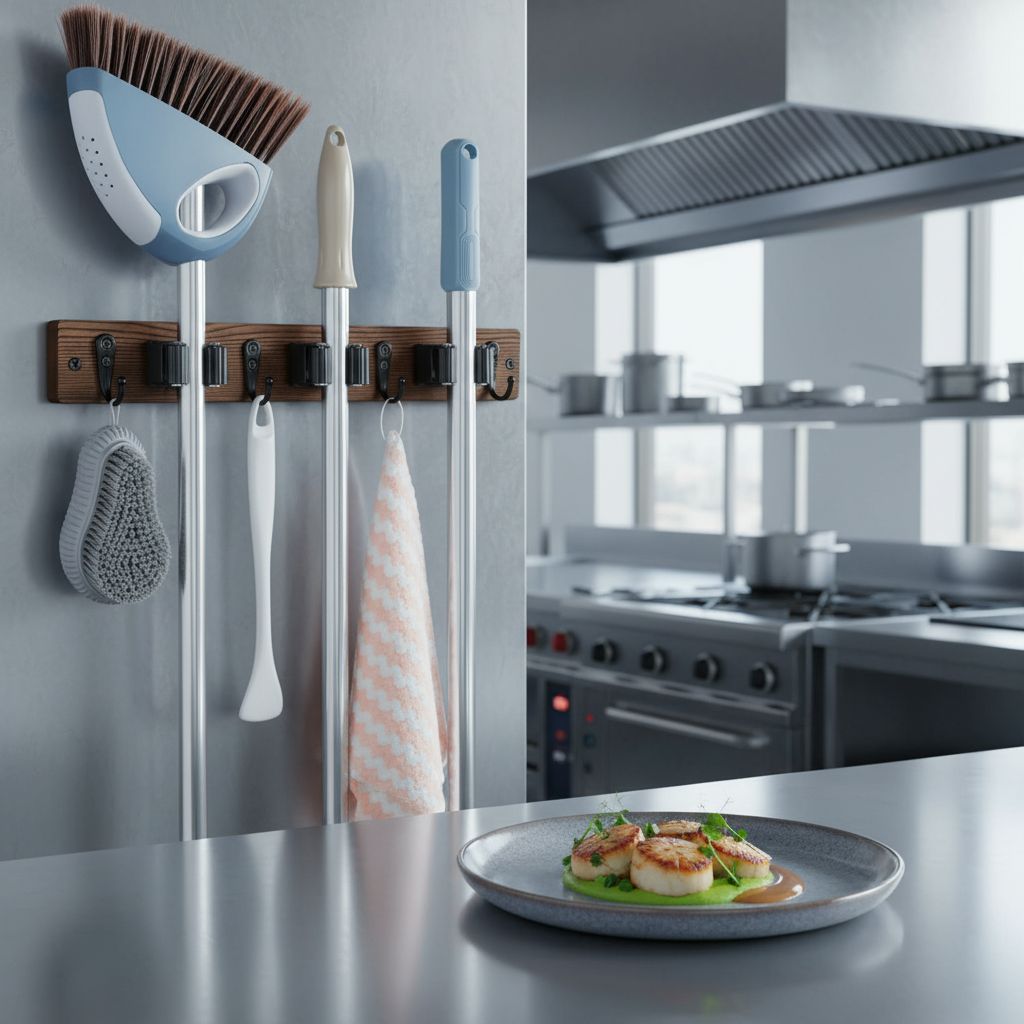 Rustic wood wall-mounted broom and mop holder with multiple slots and hooks for kitchen and pantry storage — view 3a