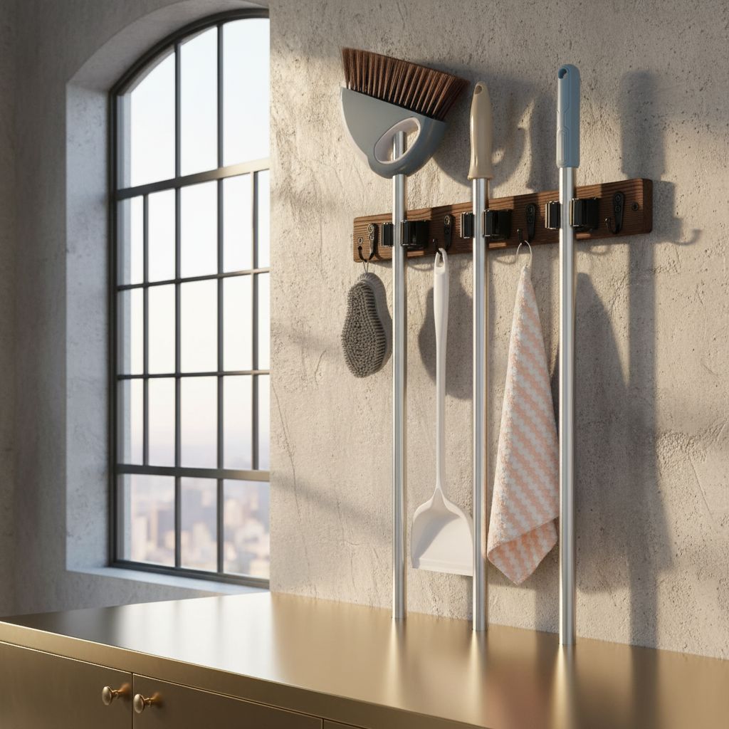 Rustic wood wall-mounted broom and mop holder with multiple slots and hooks for kitchen and pantry storage — view 6