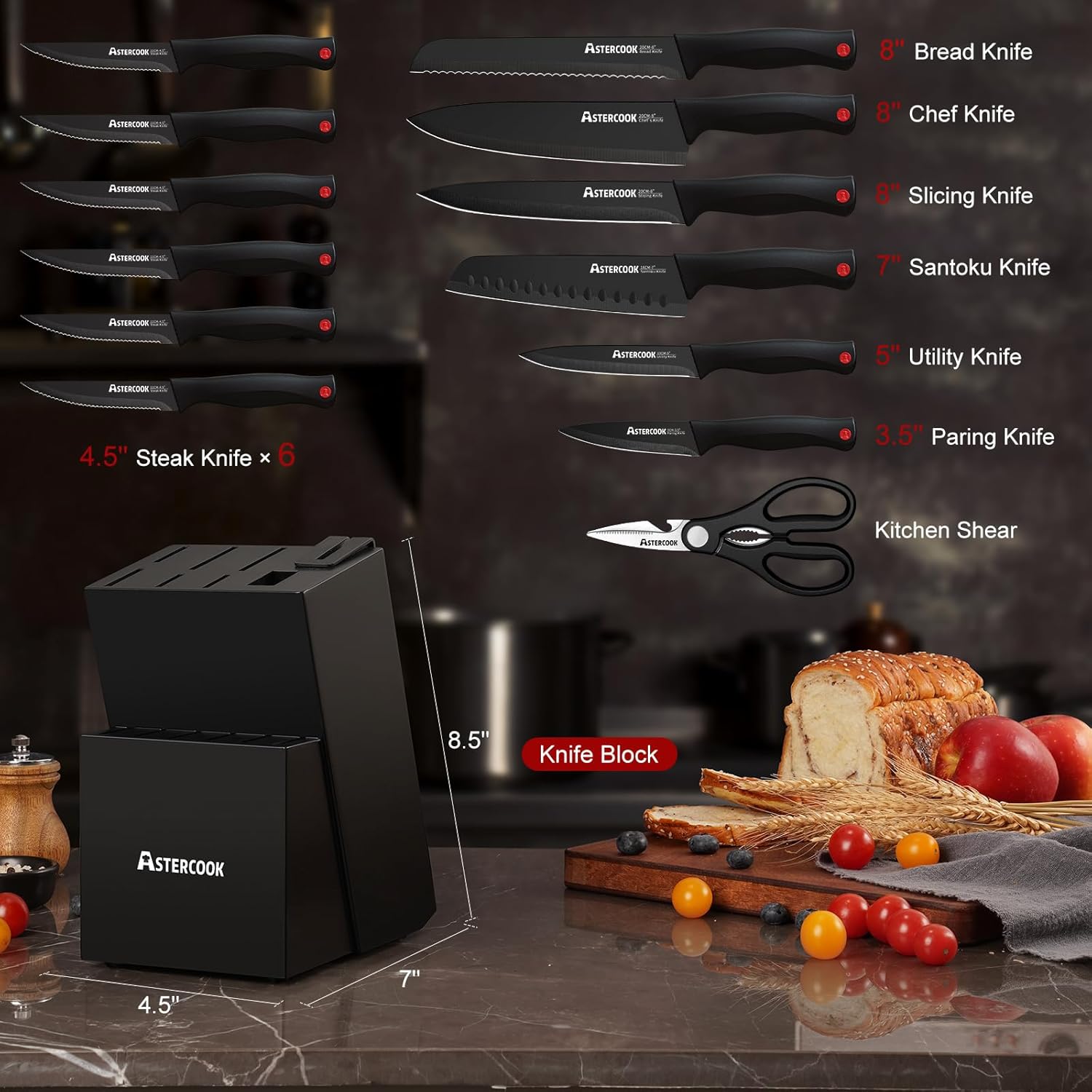 15-piece stainless steel knife set with wooden block and sharpener โ view 2
