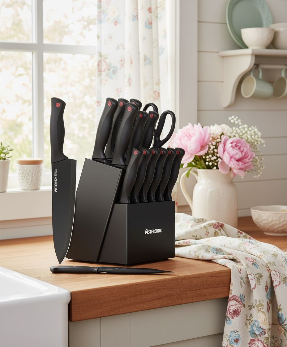 15-piece stainless steel knife set with wooden block and sharpener β view 1