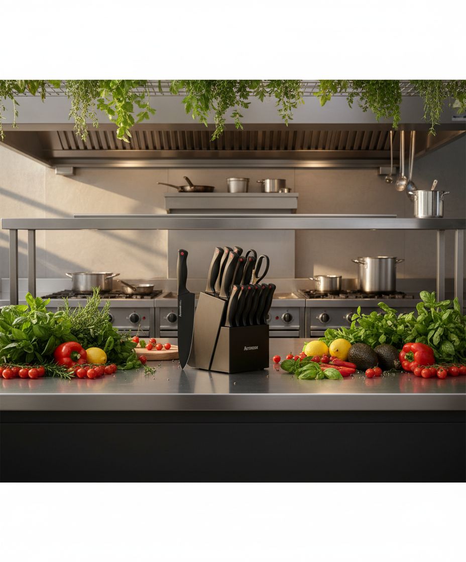15-piece stainless steel knife set with wooden block and sharpener β view 7b