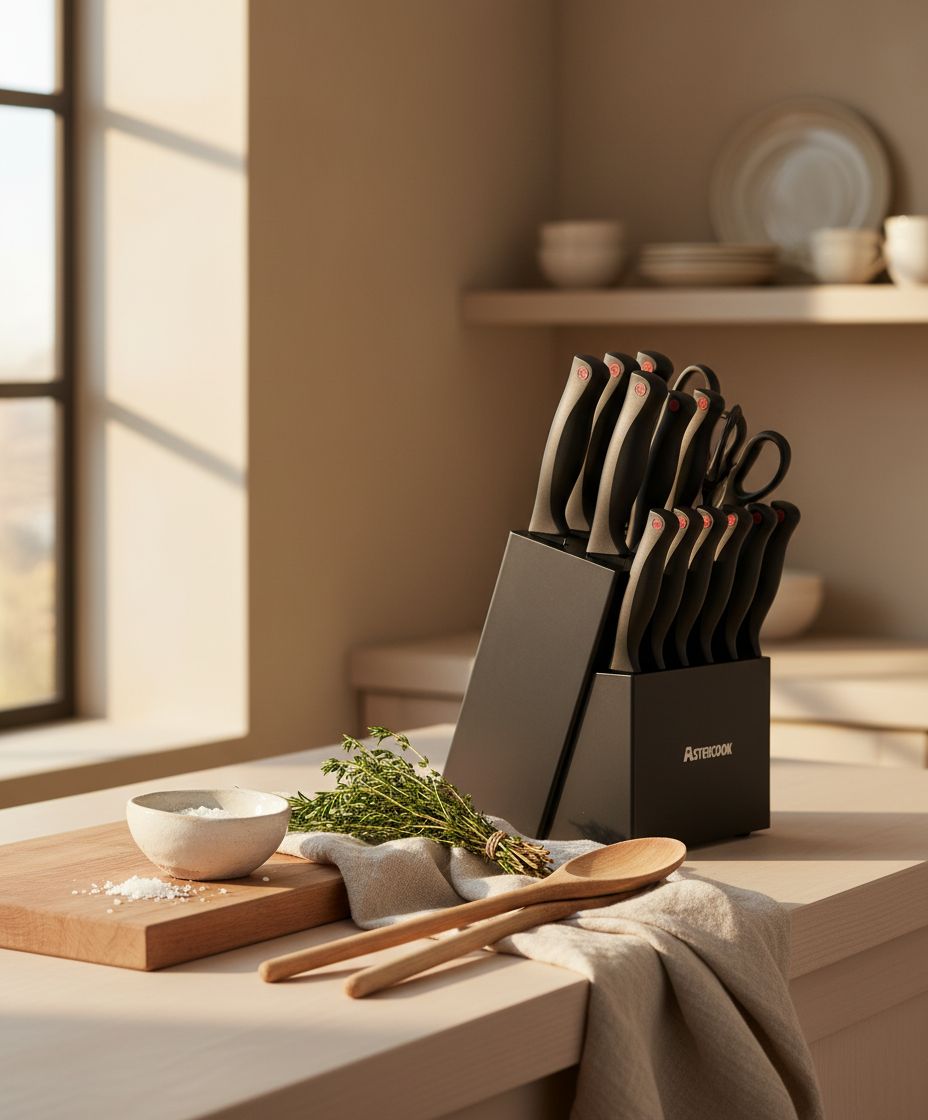 15-piece stainless steel knife set with wooden block and sharpener β view 5a