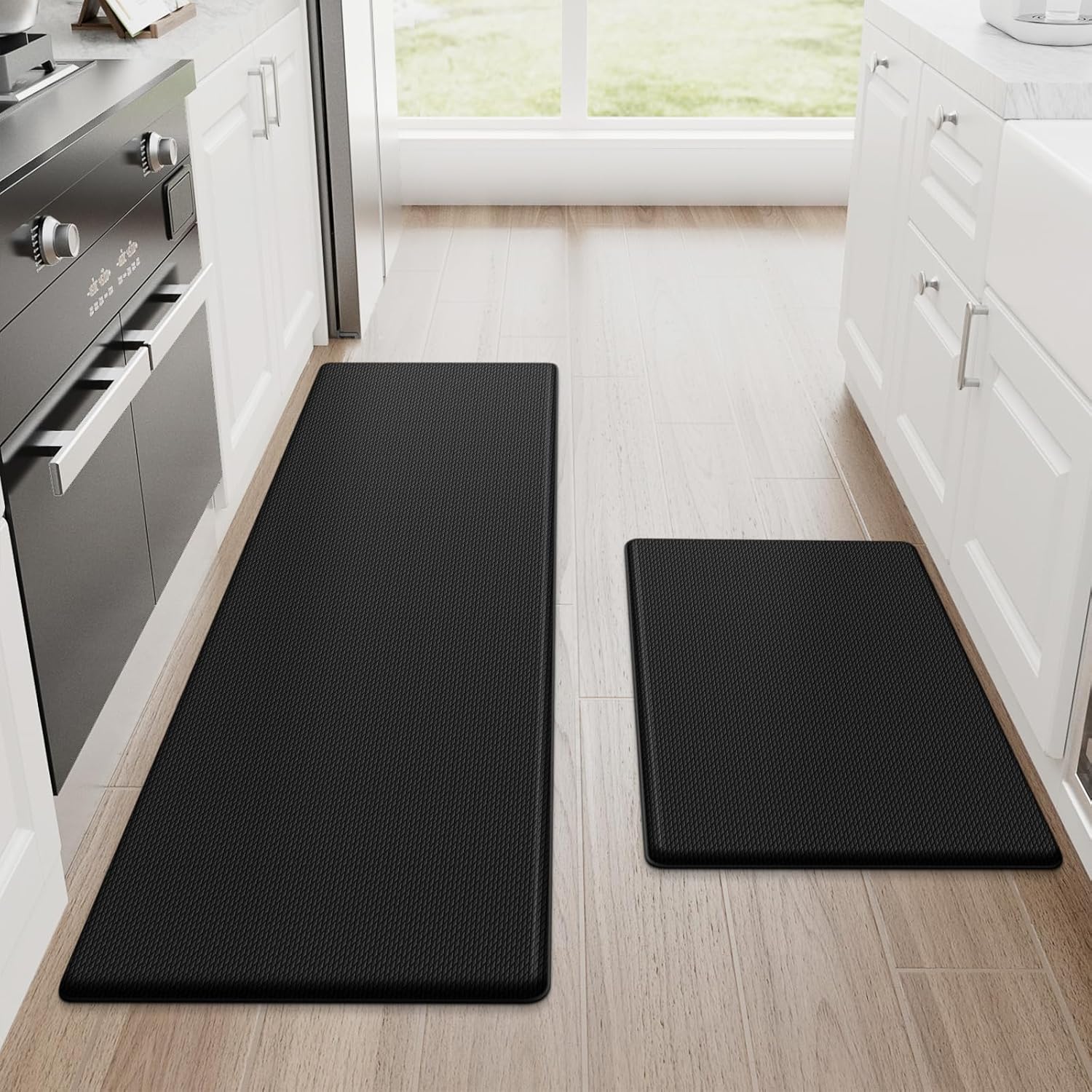 Black rubber anti-fatigue kitchen mat set, two-piece floor rug for cooking areas — view 1