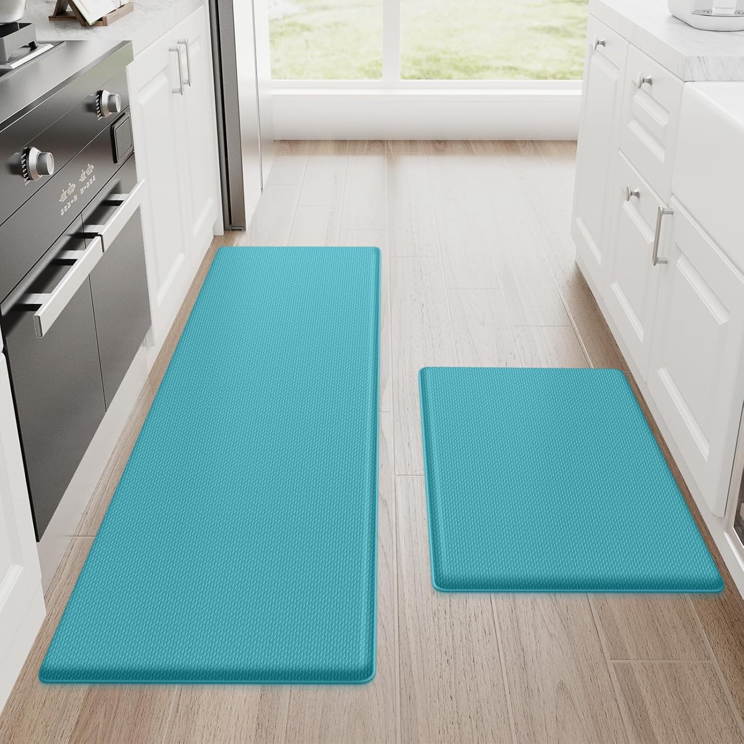 Black rubber anti-fatigue kitchen mat set, two-piece floor rug for cooking areas — view 5