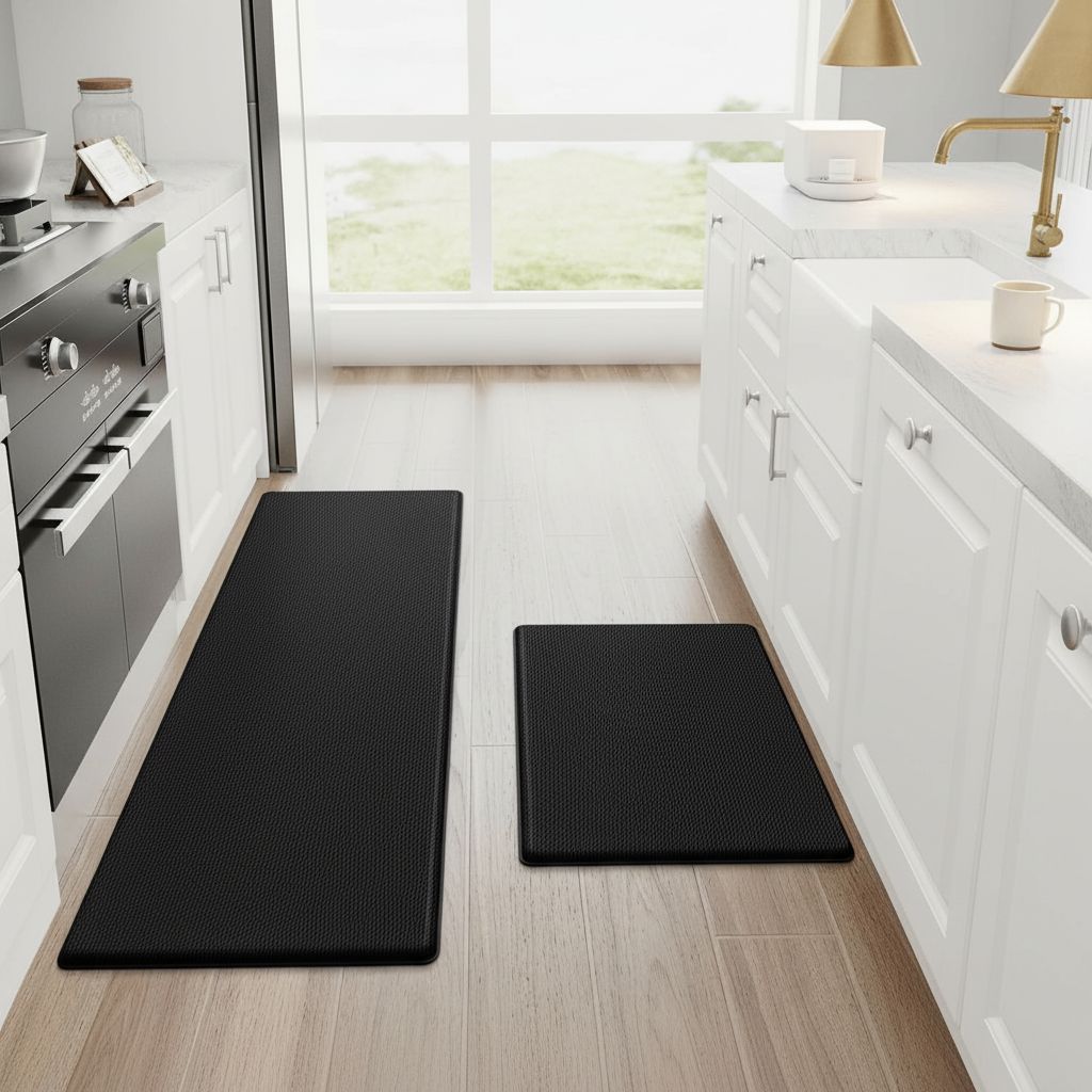Black rubber anti-fatigue kitchen mat set, two-piece floor rug for cooking areas — view 3a