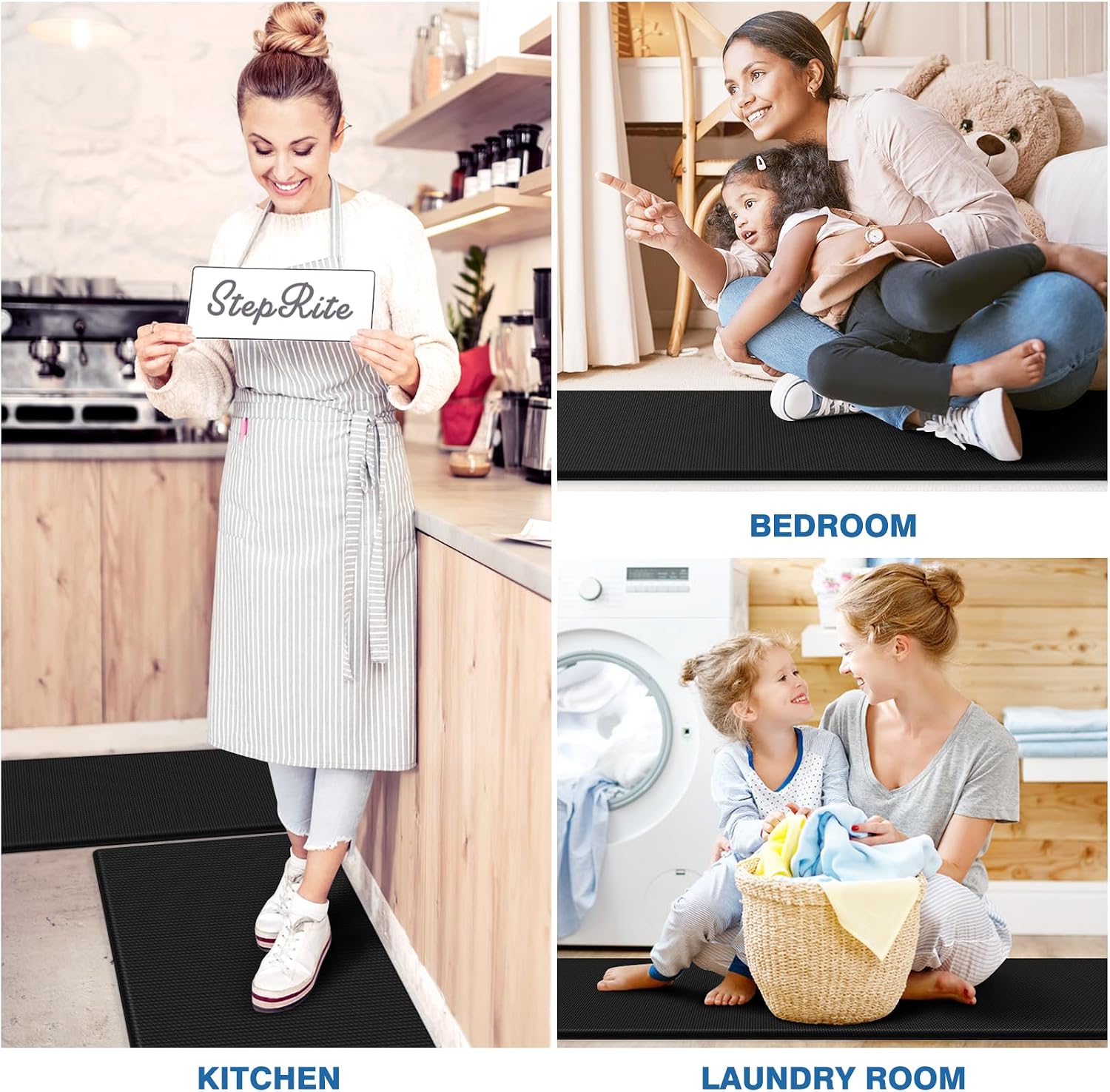 Black rubber anti-fatigue kitchen mat set, two-piece floor rug for cooking areas — view 4