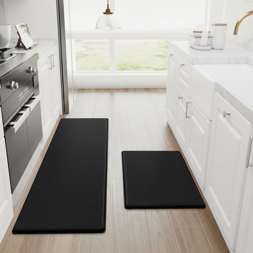 Black rubber anti-fatigue kitchen mat set, two-piece floor rug for cooking areas — view 5a