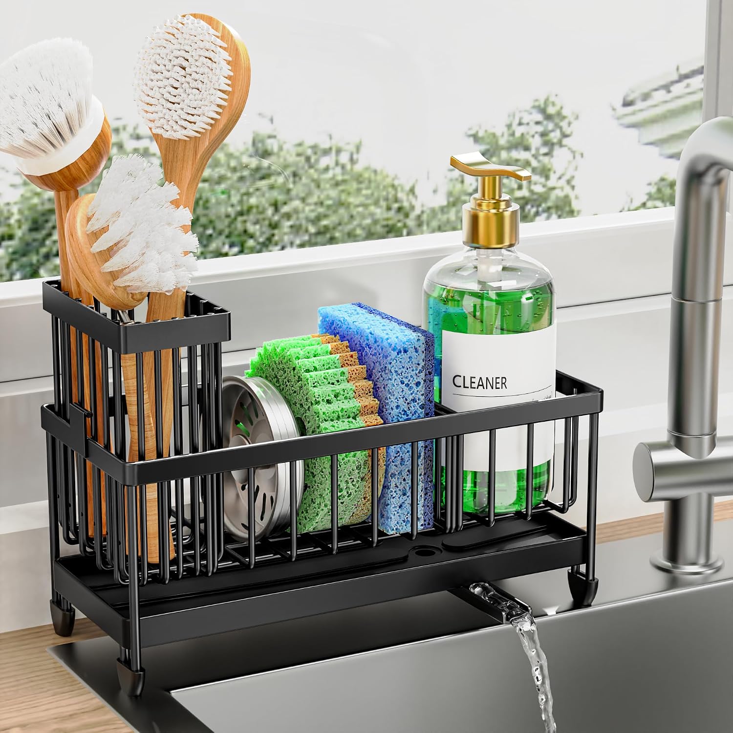 Plastic sponge holder with brush compartment for kitchen sink, minimalist design — front