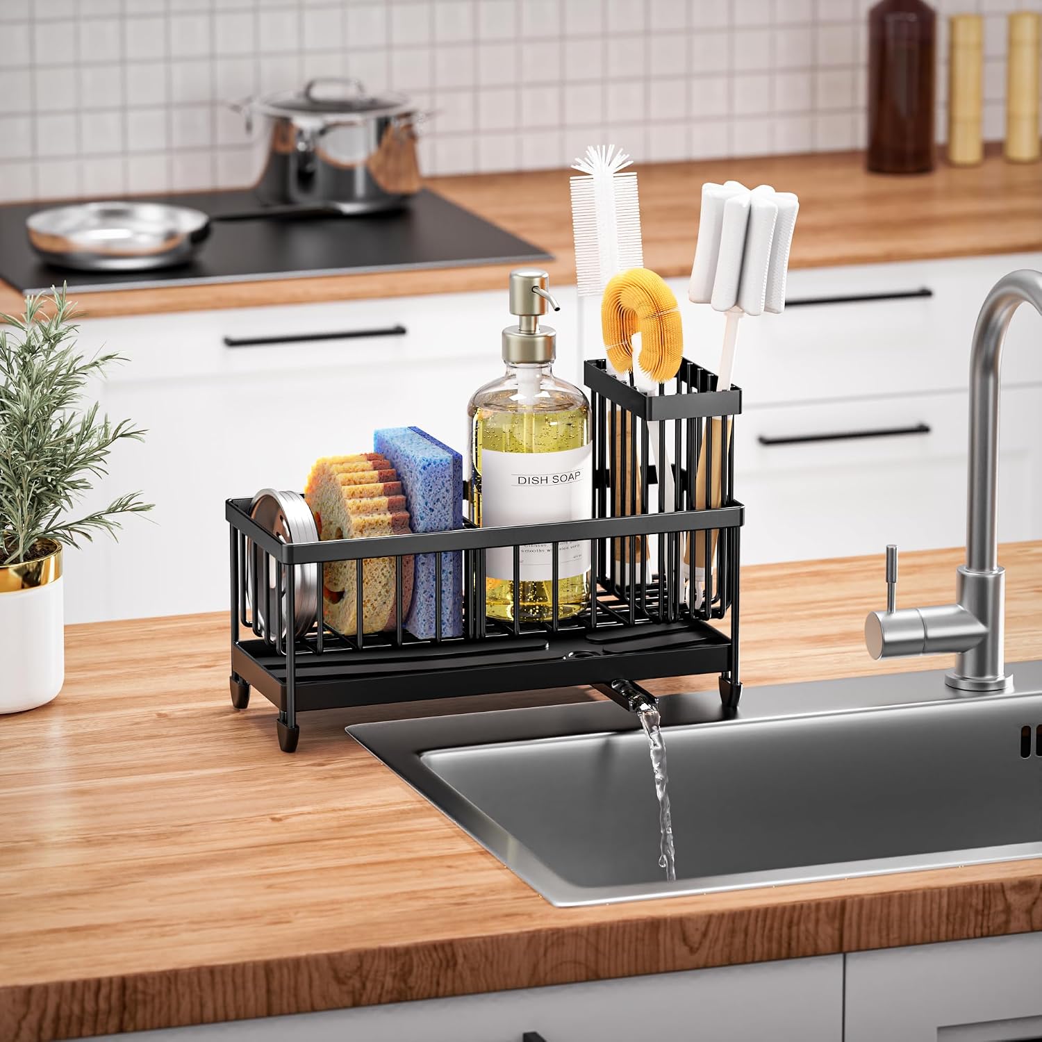 Plastic sponge holder with brush compartment for kitchen sink, minimalist design โ view 4