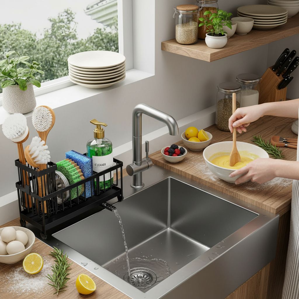 Plastic sponge holder with brush compartment for kitchen sink, minimalist design — view 3b