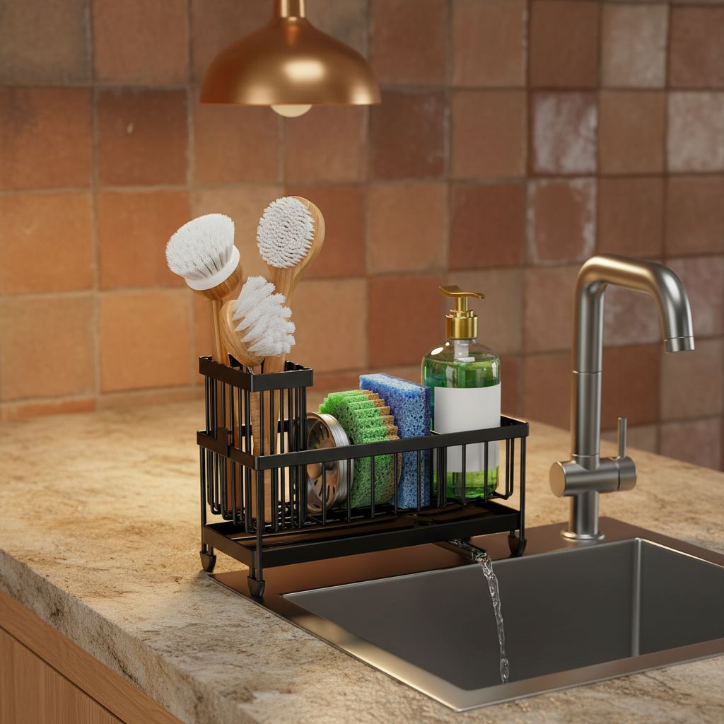 Plastic sponge holder with brush compartment for kitchen sink, minimalist design — view 5b