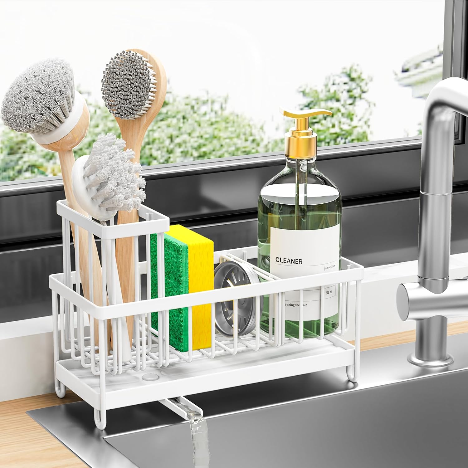 Plastic sponge holder with brush compartment for kitchen sink, minimalist design — view 6