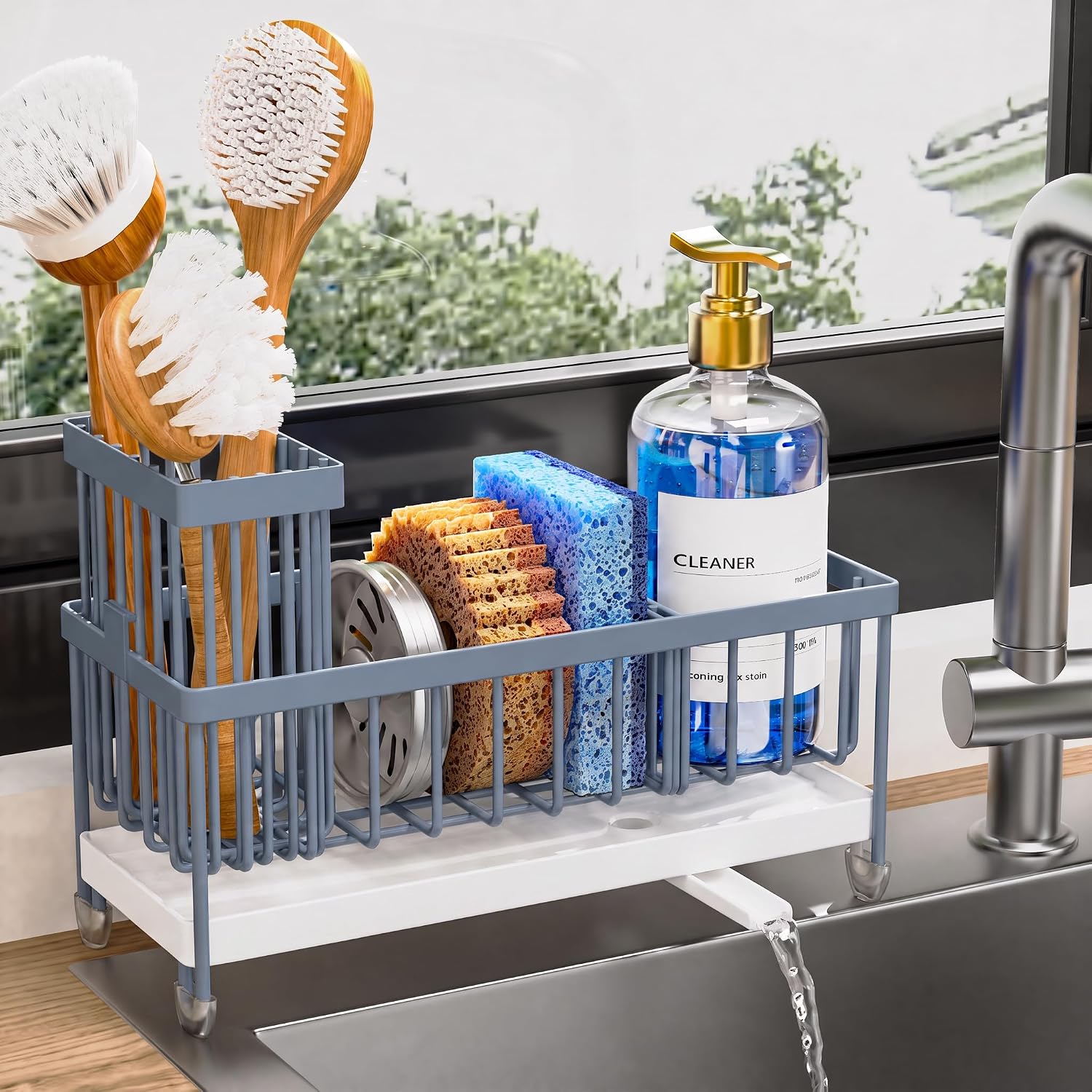 Plastic sponge holder with brush compartment for kitchen sink, minimalist design — view 7a