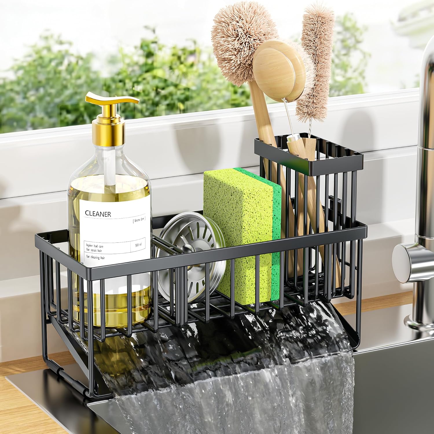 Stainless steel sink caddy with self-drain tray, brush holder, and sponge storage compartments โ view 1