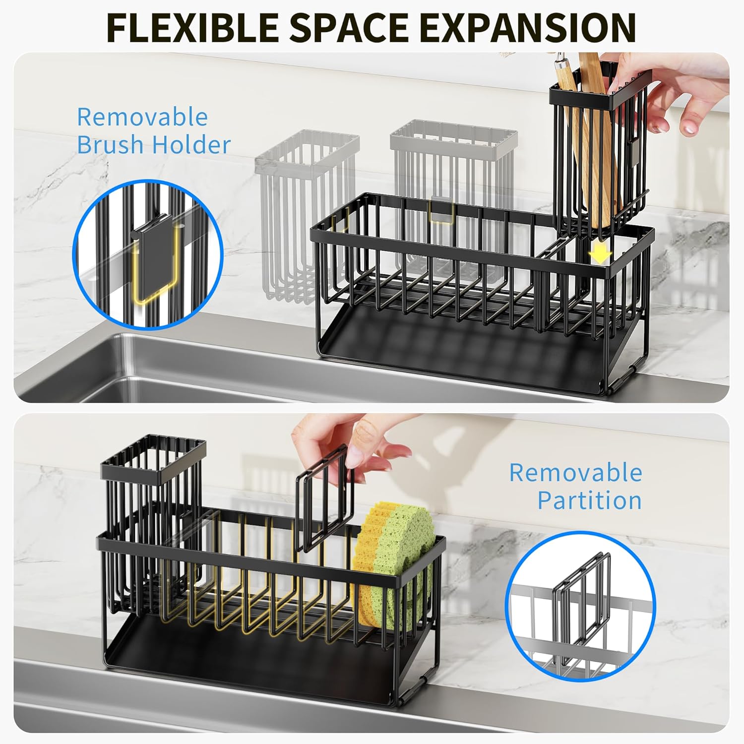 Stainless steel sink caddy with self-drain tray, brush holder, and sponge storage compartments โ view 3