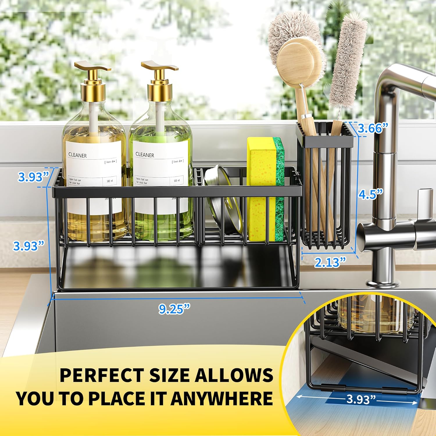 Stainless steel sink caddy with self-drain tray, brush holder, and sponge storage compartments โ view 4