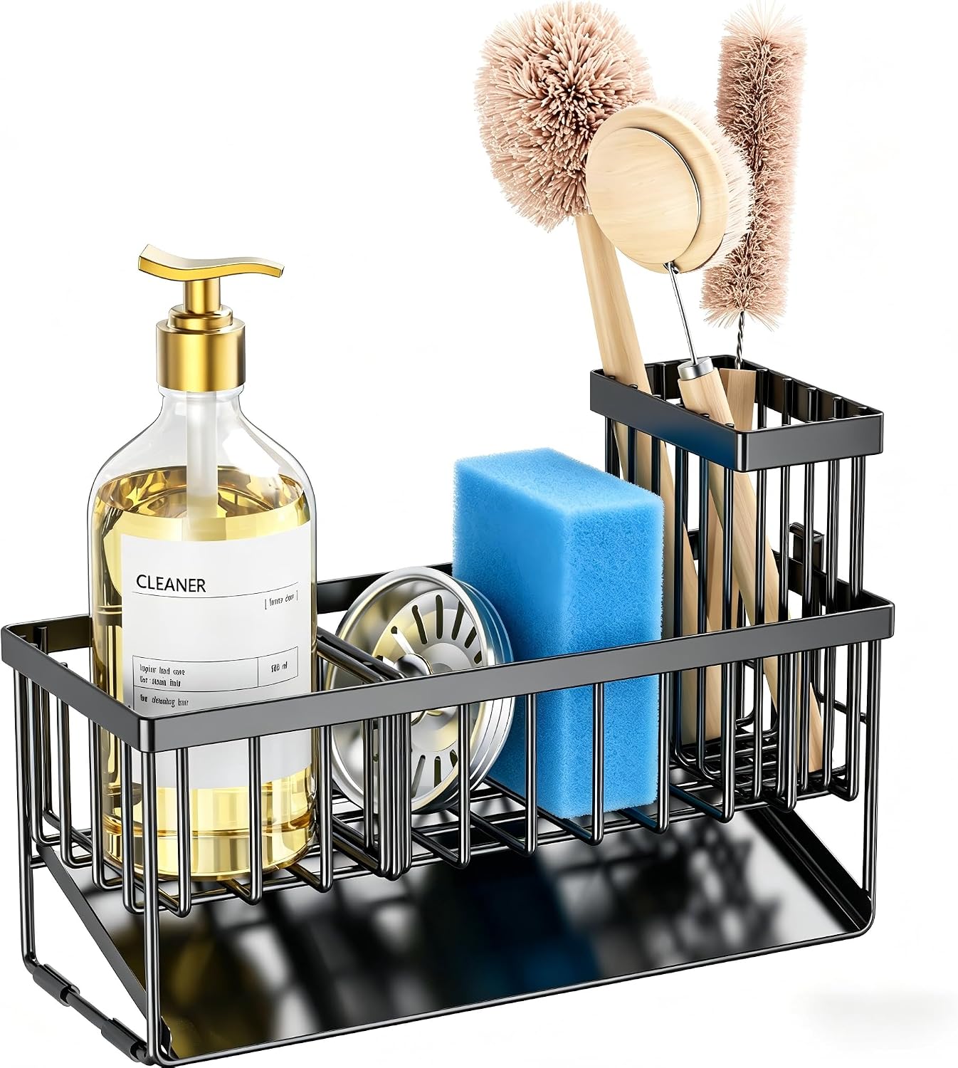 Stainless steel sink caddy with self-drain tray, brush holder, and sponge storage compartments โ view 5