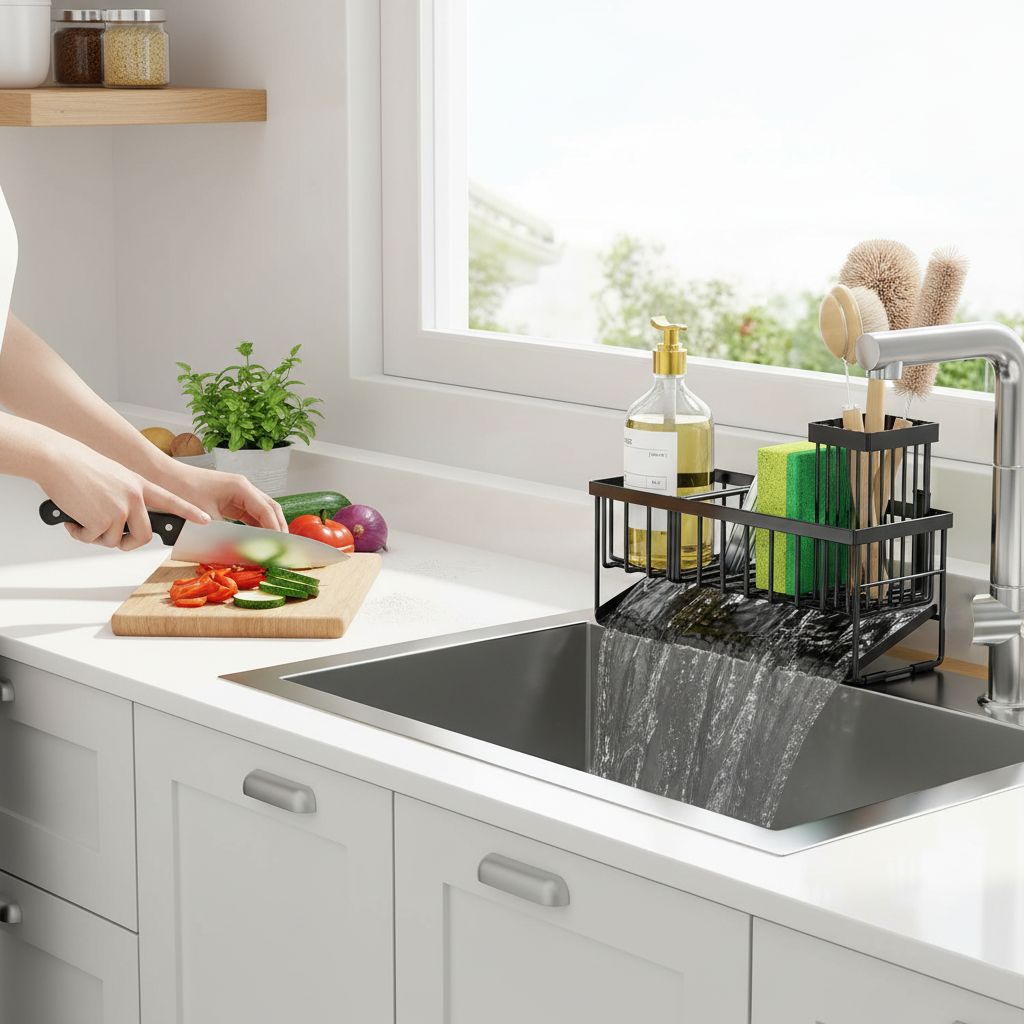 Stainless steel sink caddy with self-drain tray, brush holder, and sponge storage compartments β view 3b