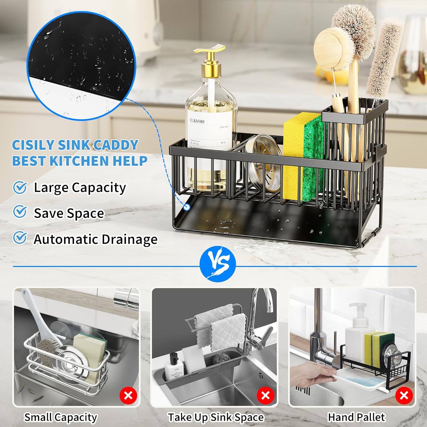 Stainless steel sink caddy with self-drain tray, brush holder, and sponge storage compartments β view 3a