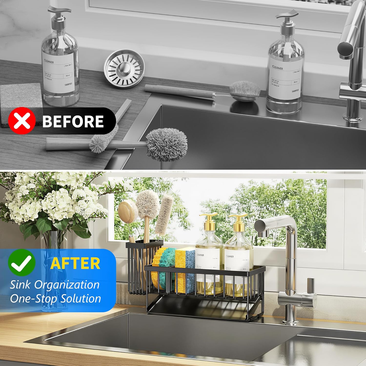 Stainless steel sink caddy with self-drain tray, brush holder, and sponge storage compartments β view 4