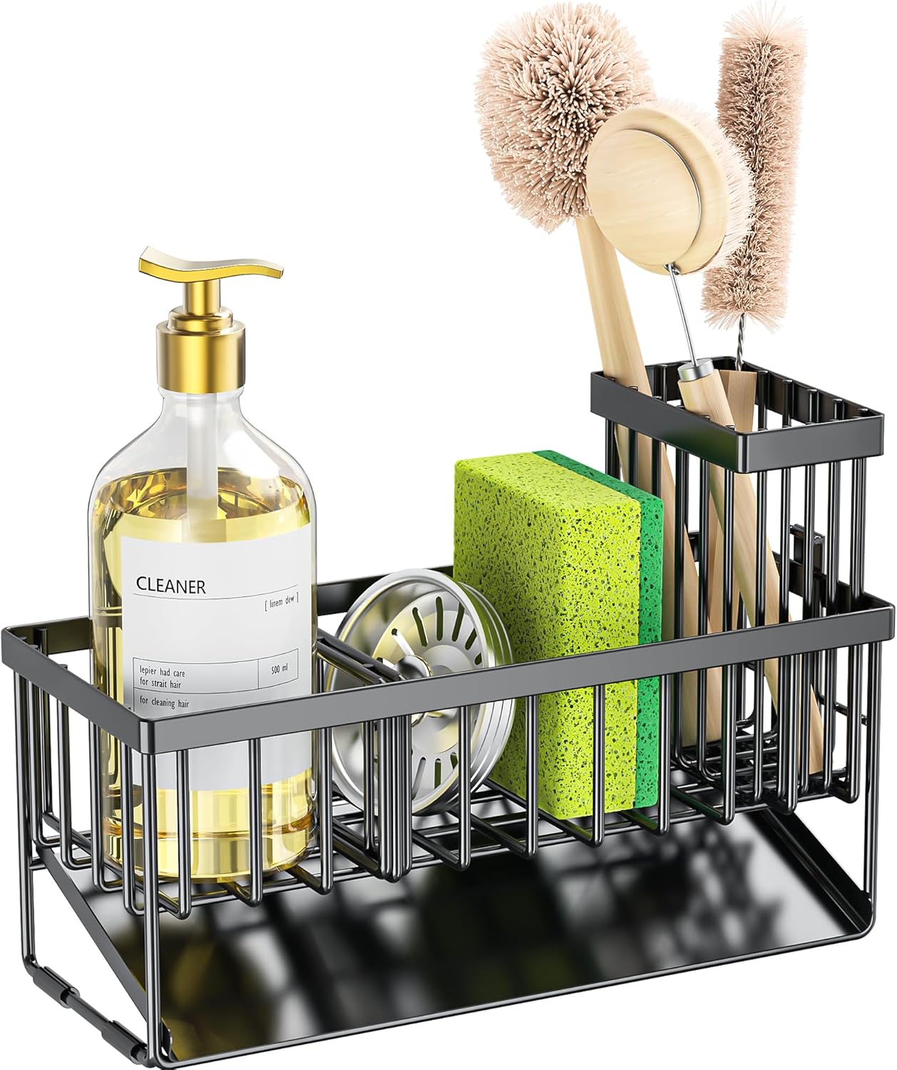Stainless steel sink caddy with self-drain tray, brush holder, and sponge storage compartments β view 5a