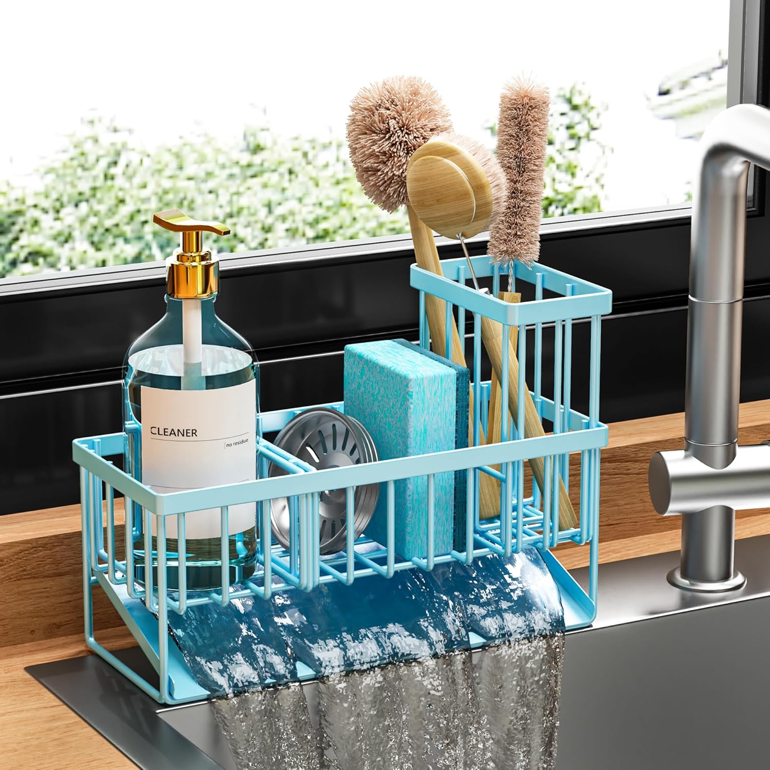 Stainless steel sink caddy with self-drain tray, brush holder, and sponge storage compartments β view 7a