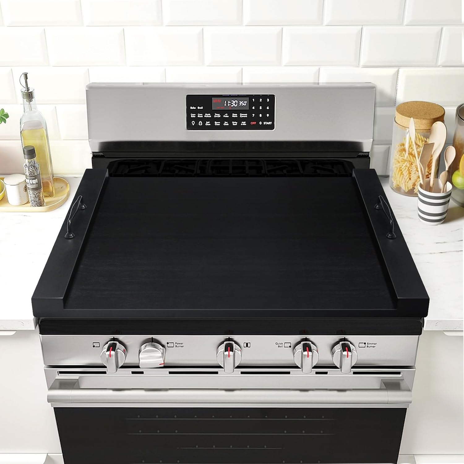 Stainless steel noodle board stovetop cover with handles, suitable for electric and gas ranges — front