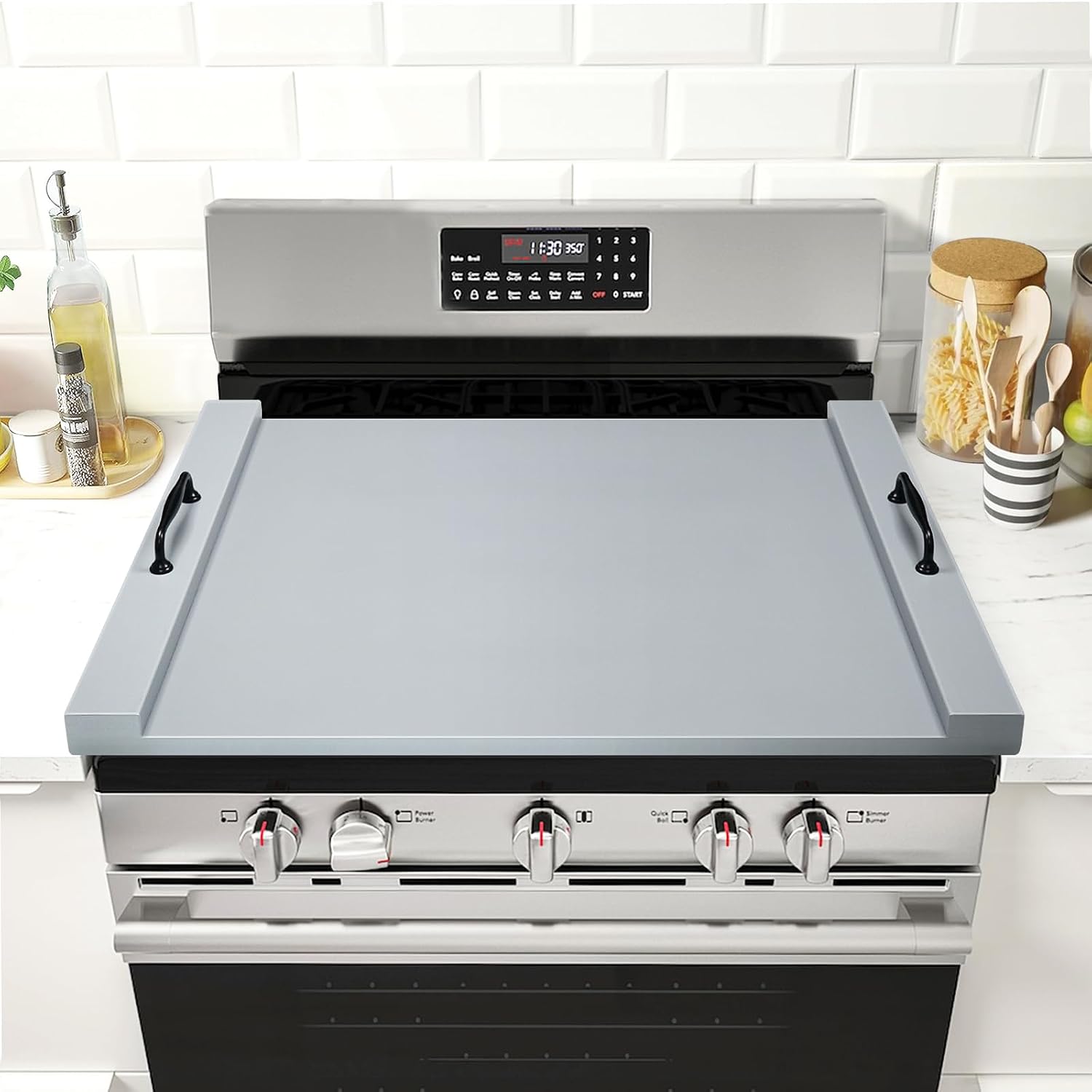 Stainless steel noodle board stovetop cover with handles, suitable for electric and gas ranges โ view 4