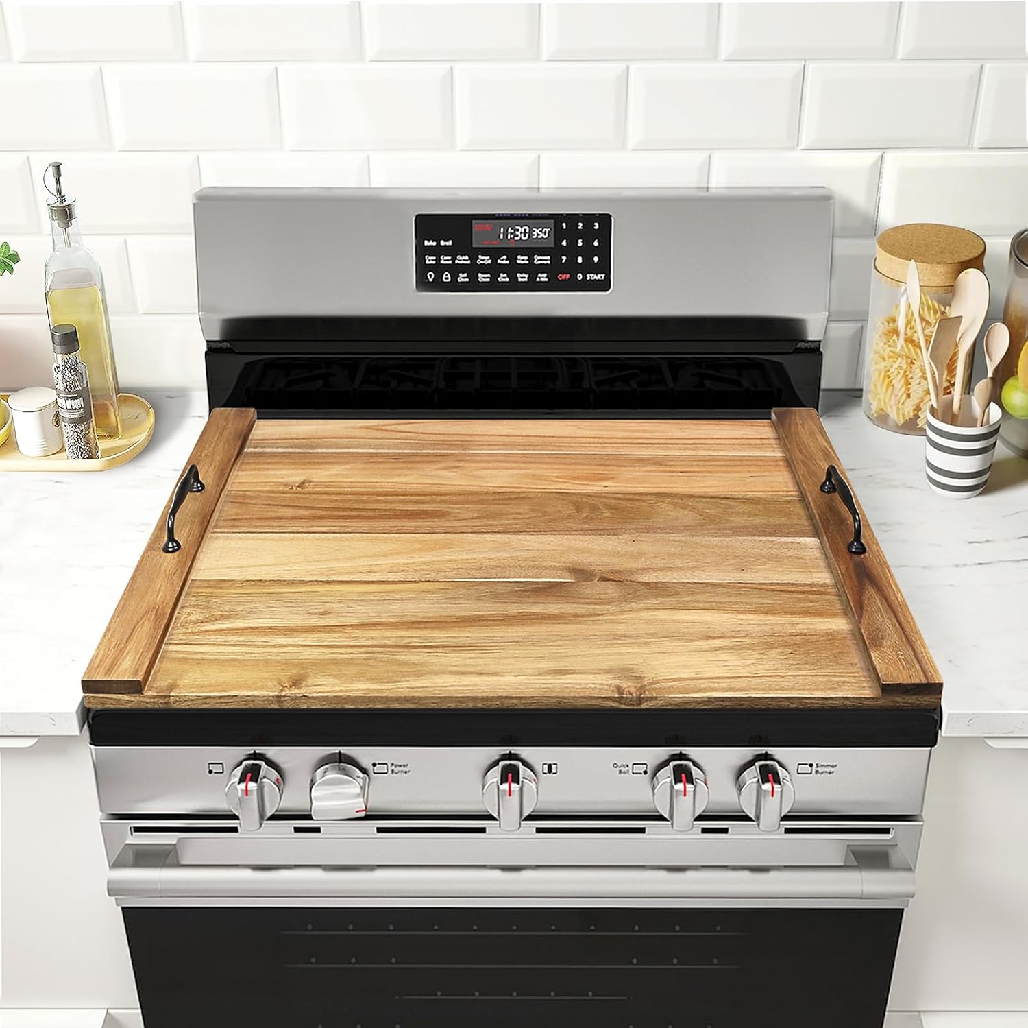 Stainless steel noodle board stovetop cover with handles, suitable for electric and gas ranges — view 7a