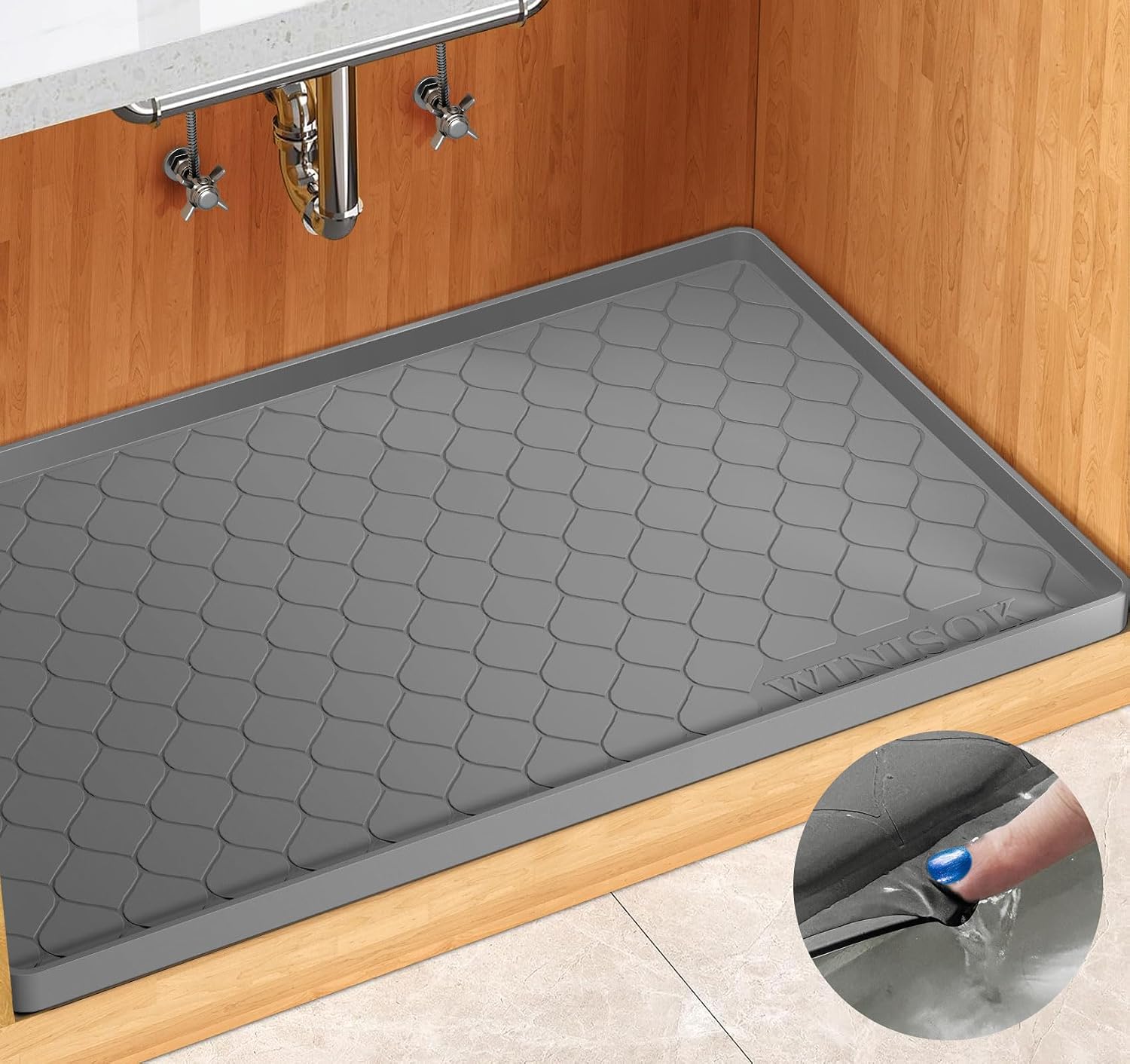 Dark gray silicone under sink mat, 34 x 22 inches, waterproof protection — view 1
